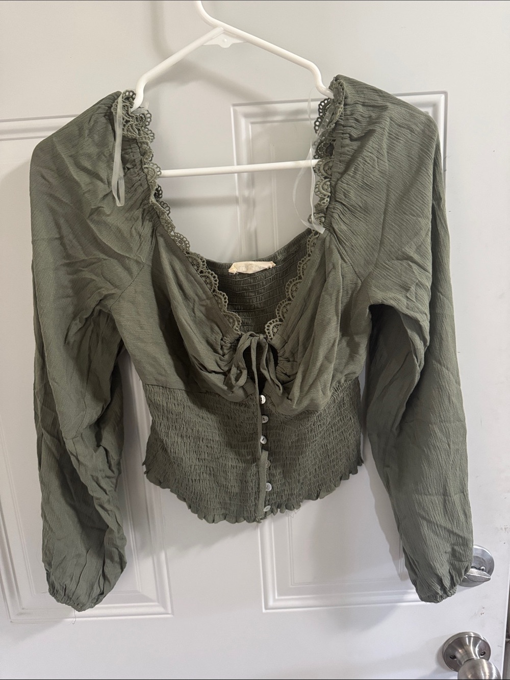 Women's Olive Green Long-Sleeve Smocked Peasant Top